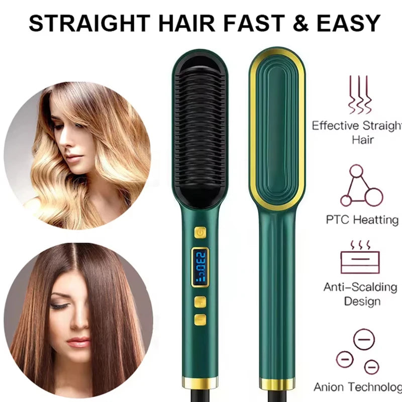 2-In-1 Electric Professional Negative Ion Straight Hair Brush Curling Comb With Lcd Display Curling Tool Straight Hair Brush.