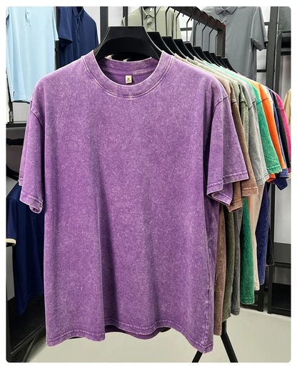 Personality washed vintage short sleeve T-shirt high-end 100% pure cotton men fashion round neck comfort lightweight casual top