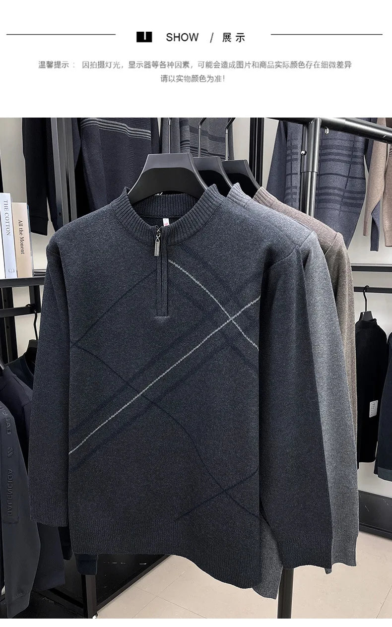 Men's New Thickened Turtleneck Knitwear Autumn Winter New Zipper Solid Color Sweater Middle Aged Warm Knit Top.