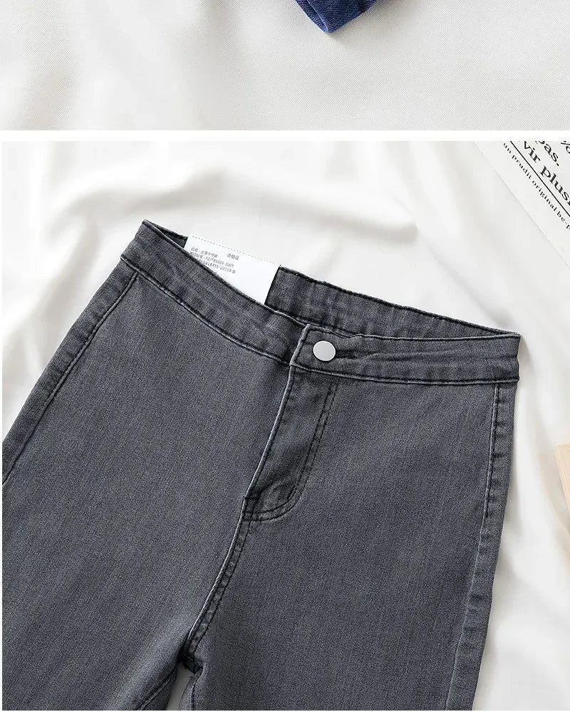 High Waist Slim Fit Stretchy Denim Pants Retro Butt Enhancing Cuff Jeans Black Pencil Pants Fashionable Elastic Trousers.