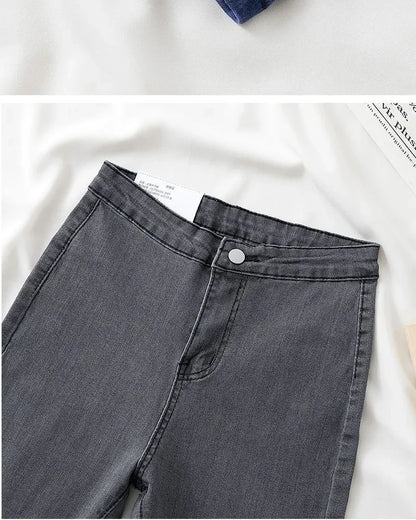 High Waist Slim Fit Stretchy Denim Pants Retro Butt Enhancing Cuff Jeans Black Pencil Pants Fashionable Elastic Trousers.