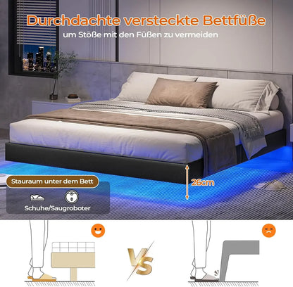LED-beleuchtetes 180 x 200 cm großes Polsterbett mit Gestell, Gitterbettgestell, schwebender schwarzer Bettrahmen für Schlafzimmer