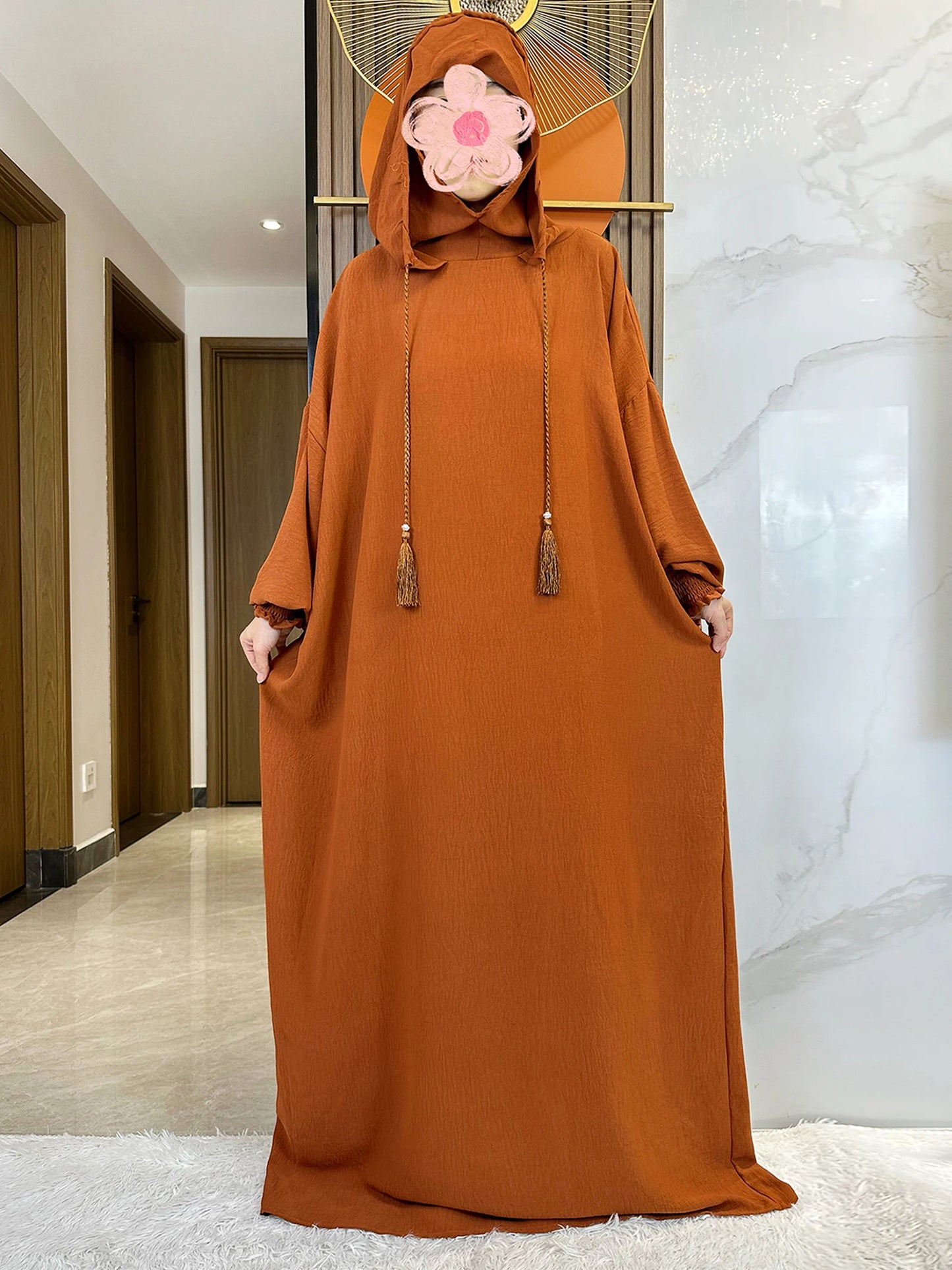 Muslim Abaya Solid Cotton Pullover Two Hat Women Eid Hooded Long Maxi Dress Turkey Kaftan Arab Robe Islamic Hijab Dubai Clothing.