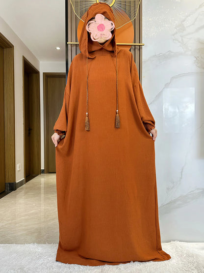 Muslim Abaya Solid Cotton Pullover Two Hat Women Eid Hooded Long Maxi Dress Turkey Kaftan Arab Robe Islamic Hijab Dubai Clothing.