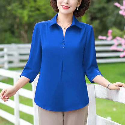 1pcs Woman Summer Solid Blouses Shirt Lady Thin Pullover Shirt Female Casual Half Sleeve Turn-down Collar Loose Top Mom Clothing.