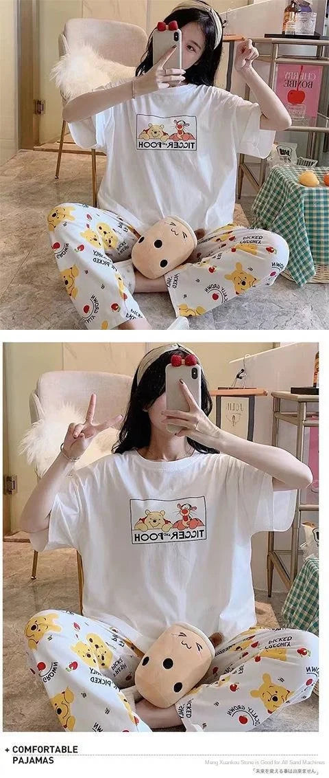 Sommer Pooh Bär Nachtwäsche frauen Lose Bequeme Cartoon Print Hause Kleidung Set Kurzarm Nachthemd Mickey Pyjama Set.