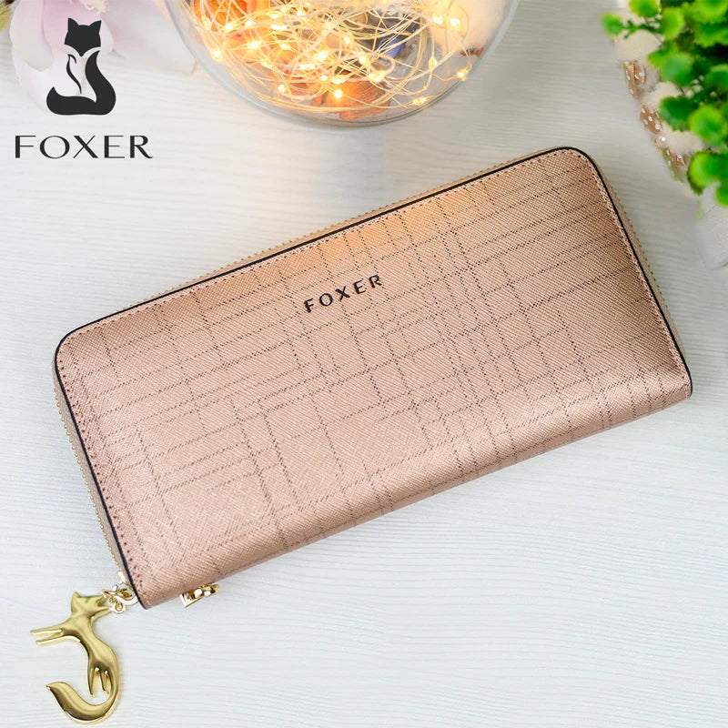FOXER Women Split Leather Wallet Bifold Clutch Bag with Wristlet Fashion Card Holder Coin Purse Cellphone Bag Female Money Bag.