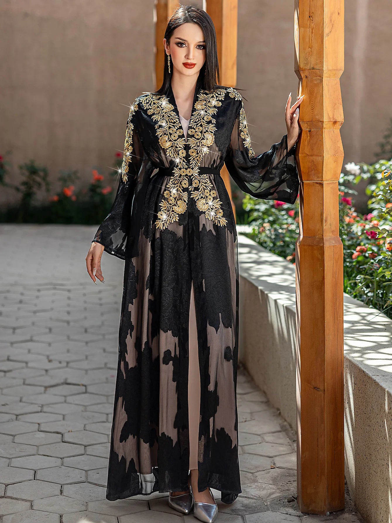 Fashion Lace Embroidered 2 Piece Set Robe Belt Abaya Dubai Kaftan Women Muslim Dress Morocco Caftan Ramadan Kebaya Jalabiya Gown.
