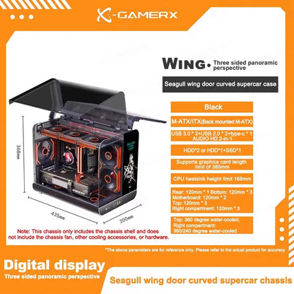 X-GAMERX HUANYI WING MATX Seaview room Case Vertical Desktop Computer 360 Water-cooled Chassis TYPE-C Interface With Screen