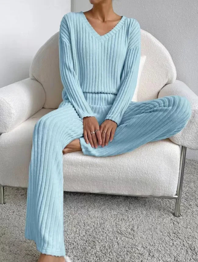 Women's Pajamas Autumn Winter New Casual Straight Pants Pullover Sleepwear Loose V Neck Knitted Home Wear Two Piece Loungewear.