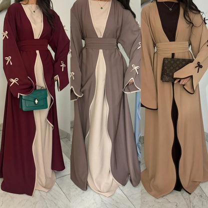 Eid Bow Abaya Women Cardigan Dress Muslim Party Caftan Robe Jalabiya Morocco Dubai Kaftan Islam Vestidos Largos Ramadan 2025