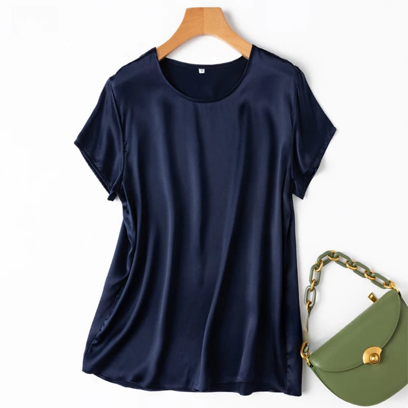 Women 100% Mulberry Silk 19 Momme half sleeve Crew Neck Top Shirt Blouse T-shirt More Colors M L XL MM4270.