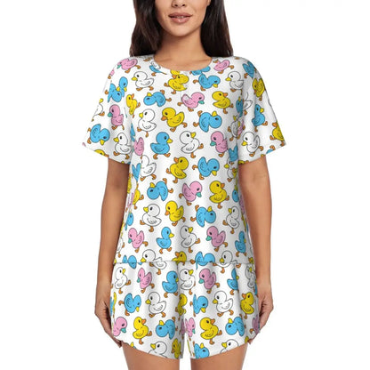 Benutzerdefinierte Frauen Gelb Klassische Gummi Ente Pyjamas Set Gedruckt Zwei-stück Pj Sets Kurzarm Nachtwäsche Loungewear