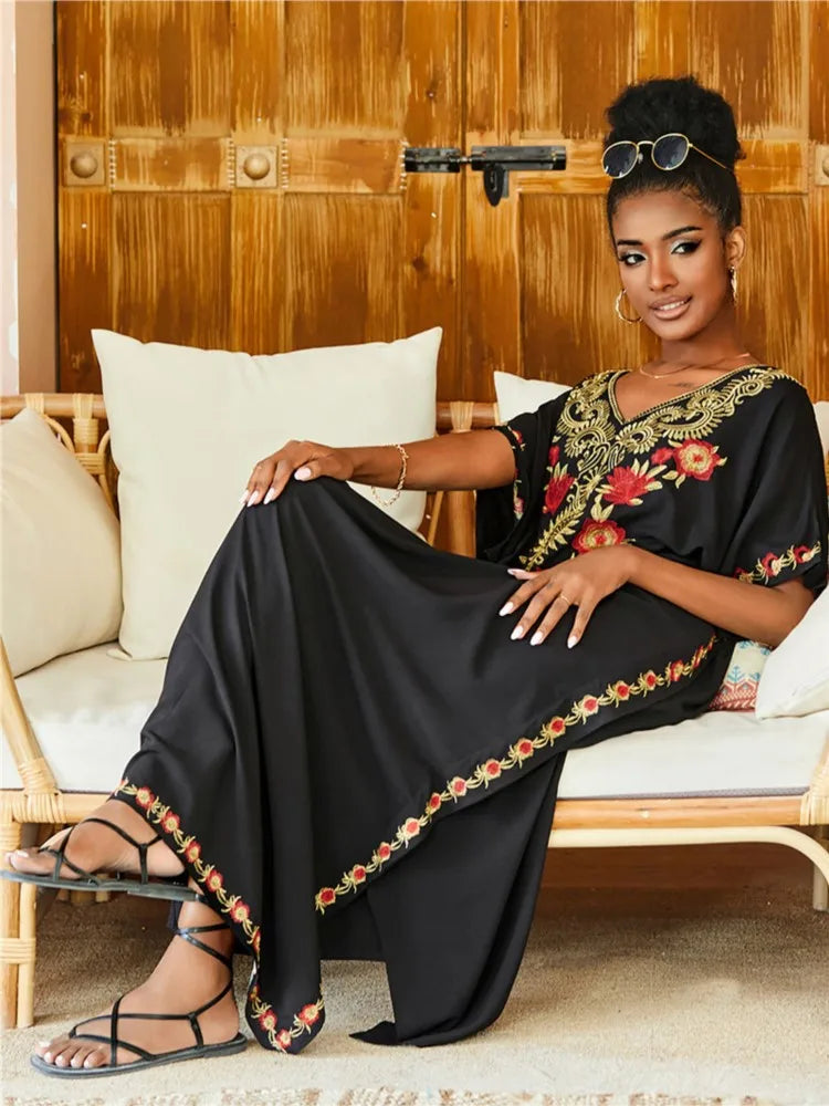 Women Embroidered Kaftan Dress Caftan Loungewear Long Bathing Suit Cover Up Beach Wear Vacation Outfit Loose Summer Women's Robe.