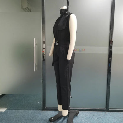 Spring Summer New Women's Clothing Personalized Shoulder Slimming Waist-Slimming Belt Decoration Blouse Top Pants Set.