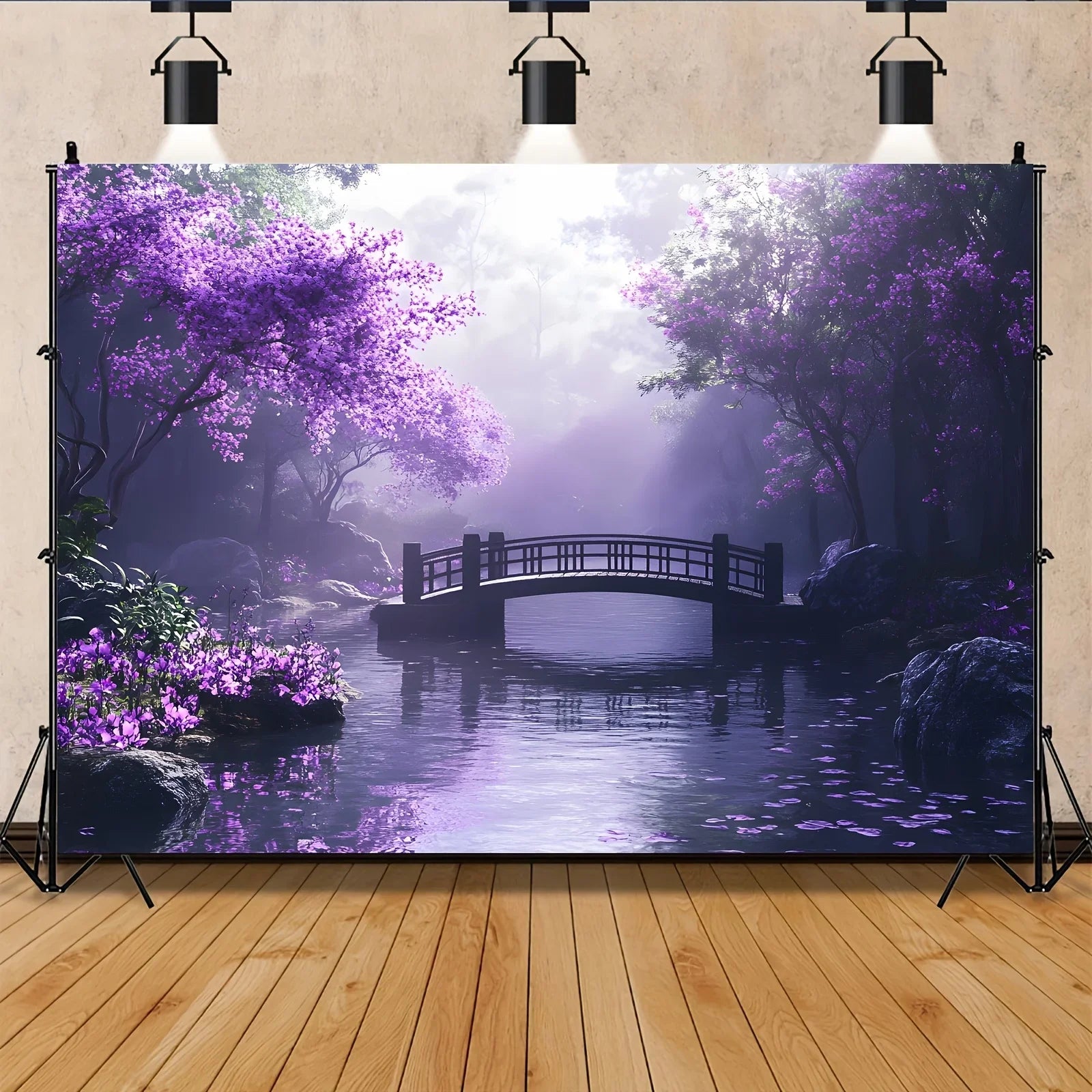 Blooming purple flowers and rustic bridge tapestry-a peaceful landscape wall hanging for bedroom living room decoration.