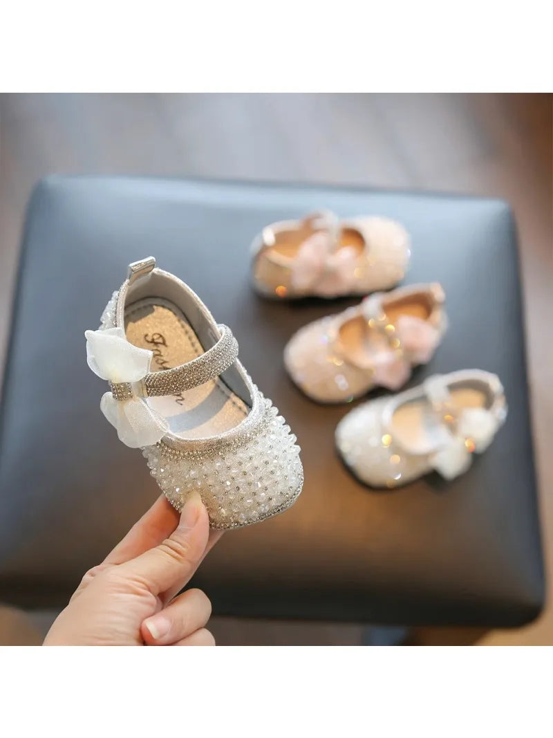 Girls Walking Shoes Lace Mesh Bows Kids Princess Shoes Non-slip Shiny Sequins 2025 New Children Flat Shoes Soft Sole Non-slip.
