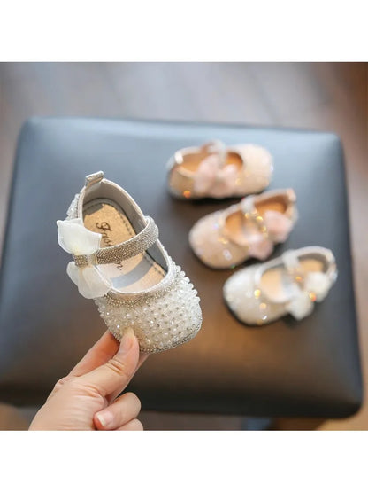 Girls Walking Shoes Lace Mesh Bows Kids Princess Shoes Non-slip Shiny Sequins 2025 New Children Flat Shoes Soft Sole Non-slip.