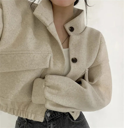 Korean Fashion Herbst Winter Mantel Frauen Neue In Stehen Neck Feste Taste Lose Jacke Dame Casual Straße Outwear Vintage Kleidung.