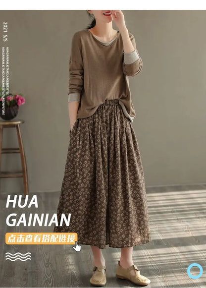Women Casual Skirts New Arrival 2023 Autumn Vintage Style Floral Print Loose Comfortable Ladies Elegant A-line Long Skirt D536.