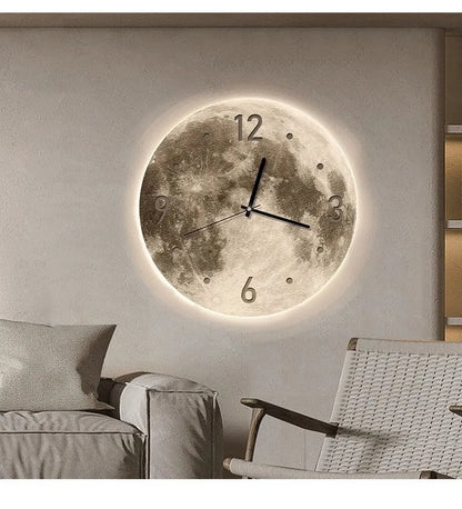20-Zoll-Mode-Wanduhr, Esszimmer, Wohnzimmer, Mond, die Erde, Modellierung, LED-Licht, geräuschloses Uhrwerk, Schlafzimmeruhr, Wanddekoration