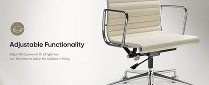 Weiße Drehstühle aus echtem Leder mit mittlerer Rückenlehne, ergonomischer Bürostuhl, verstellbarer drehbarer Gaming-Stuhl aus Leder, gerippter Bürostuhl