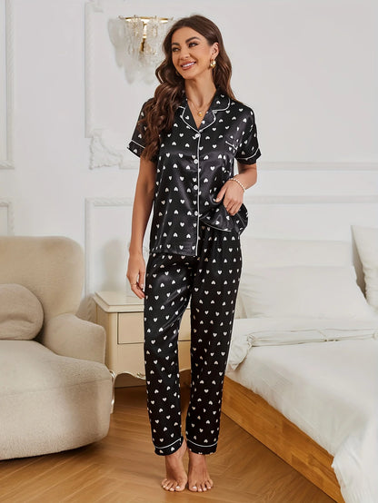 Heart Print Satin Pajama Set Casual Short Sleeve Buttons Lapel Top & Elastic Pants Women's Sleepwear.