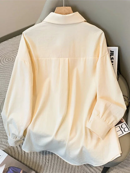 Plus Size Women's Blouses 2025 Spring Autumn Simple Lady Shirts Long Sleeve Big Pockets Shirt Loose Casual Tops.