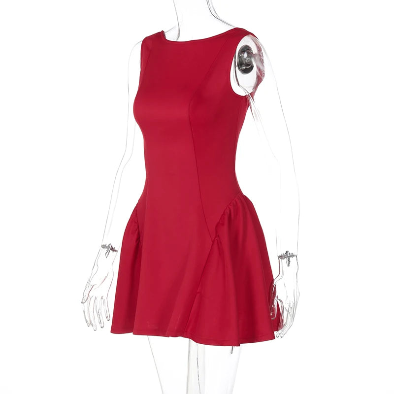 DGLUKE Elegantes rotes Minikleid für Damen, U-Boot-Ausschnitt, ärmellos, hohe Taille, A-Linien-Kleid, rückenfrei, plissiert, kurze Abschlussball-Party-Kleider.