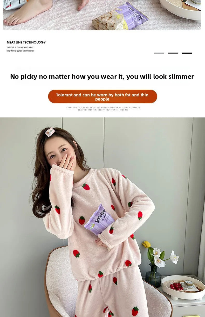 Warme Damen-Nachtwäsche für den Winter, bedruckt, Erdbeere, O-Ausschnitt, Korallensamt-Pyjama, Loungewear, zweiteiliges Set, süße Damen-Pyjamas