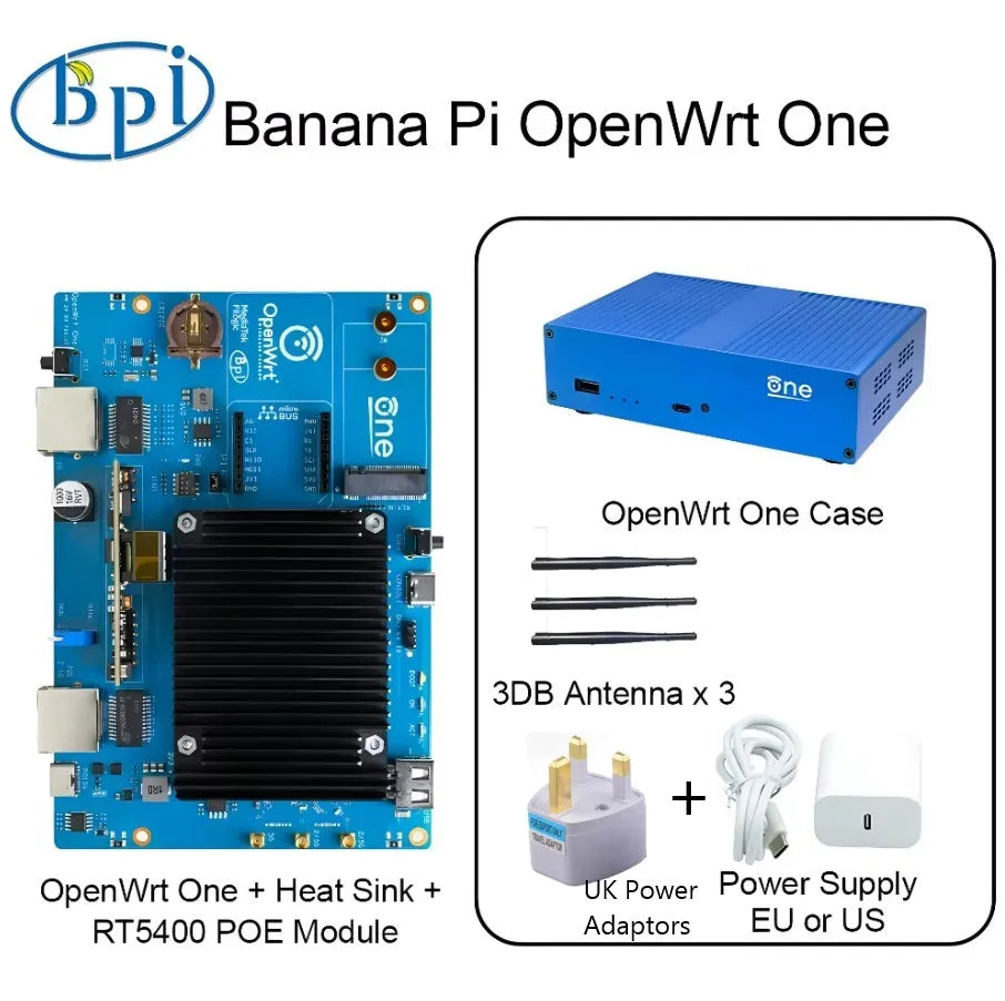 Banana Pi OpenWrt One MediaTek MT7981B 1GB DDR4 2.5GbE RJ45 and Gigabit Ethernet RJ45 256 MiB SPI NAND Open Source Smart Router.