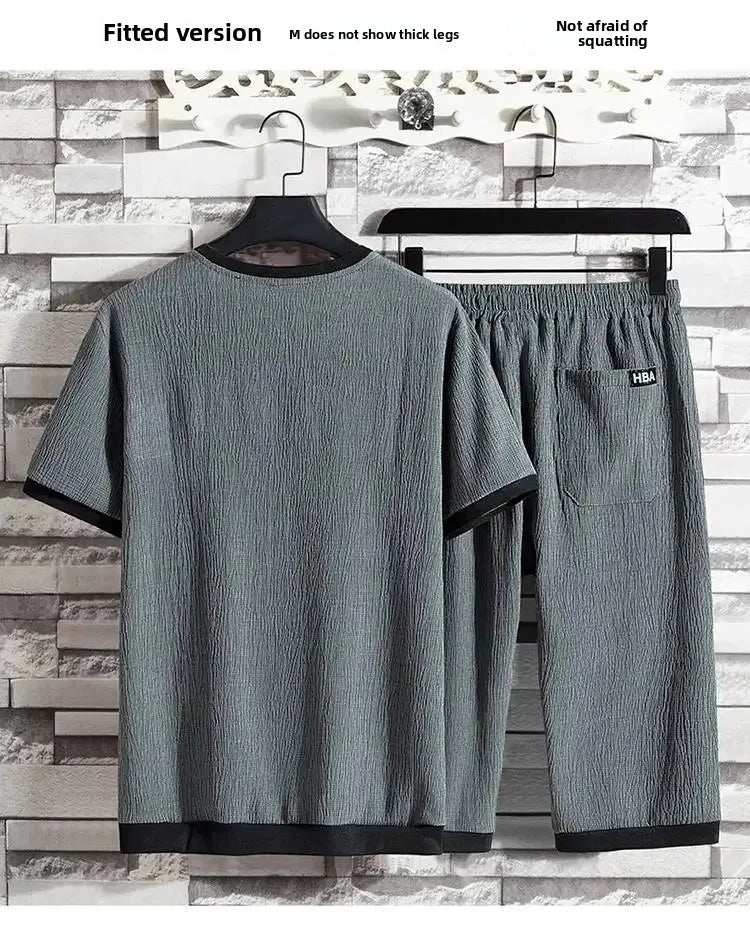 Summer Casual Ice Silk Short Sleeve T-Shirt Shorts Set for Men Fashionable Two-Piece Outfit Lightweight Sportswear Combo.