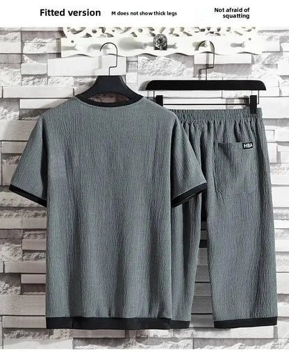 Summer Casual Ice Silk Short Sleeve T-Shirt Shorts Set for Men Fashionable Two-Piece Outfit Lightweight Sportswear Combo.