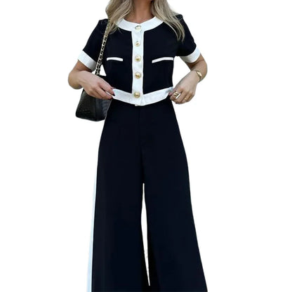 Fashion New Two Piece Set Women's Round Neck Short Sleeve Patchwork Singe Breasted Button Top Loose Wide Legs Pants Sets Women.