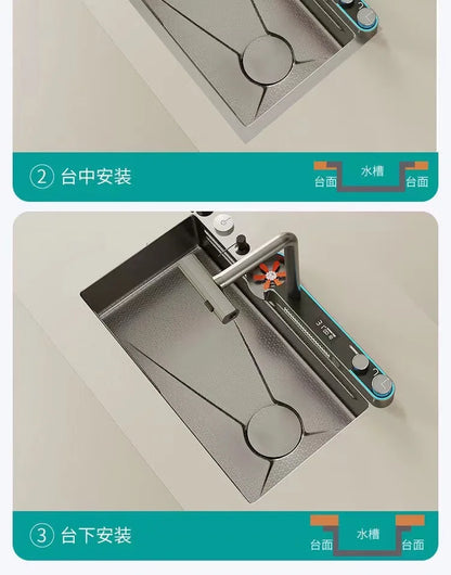 Digitalanzeige, Wasserfall, Einzelschlitz, Nano-Spüle aus Edelstahl 304, Geschirrspülen, Küche, multifunktionales Gemüsewaschbecken