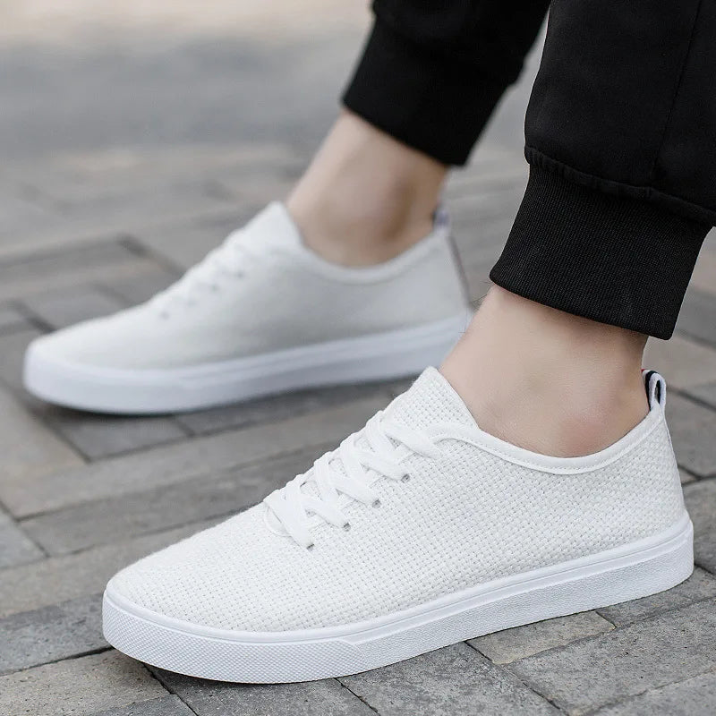 Men's Canvas Shoes Summer Breathable Lightweight Korean Style Shallow Mouth Loafers Non-slip Casual Lace Up Walking Sneakers.