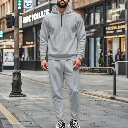 Men's Autumn Waffle Solid Color Hooded Half-Zipper Drawstring Long-Sleeved Sweatshirt And Long Pants Set Casual Comfortable Outf.