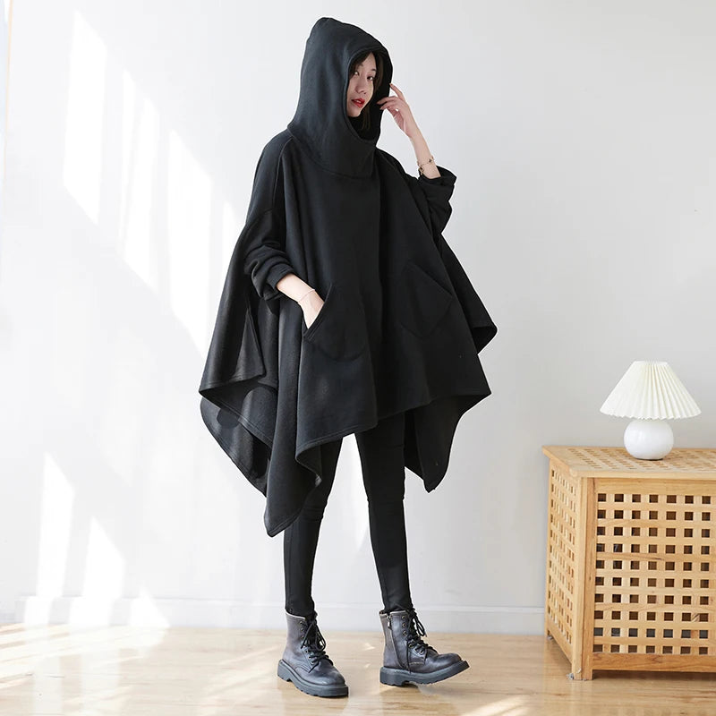 #3342 Black Cape Hoodie Woman Batwing Sleeve Loose Asymmetrical Hoodies Sweatshirts Pockets Thick Long Hooded Sweatshirt Femme.