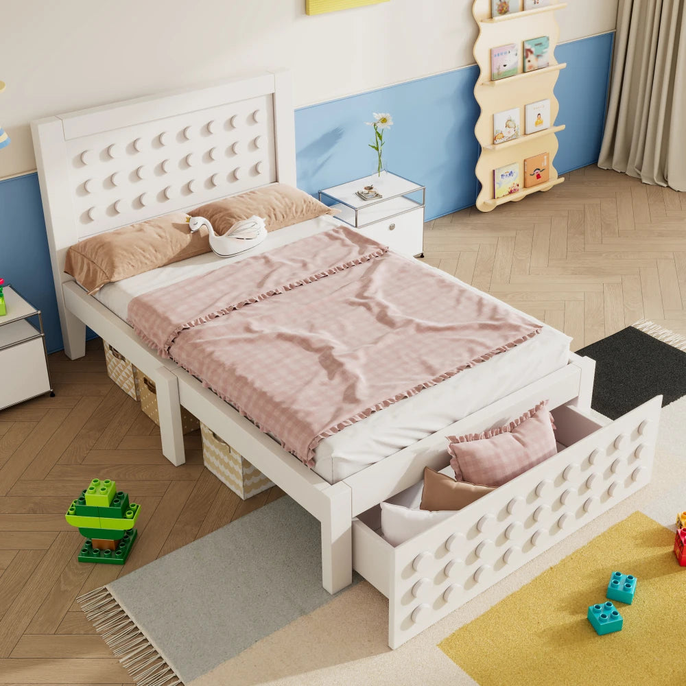 Jugendbett mit kreativem Blockdesign, Gestell aus Massivholz mit Gitterrost, mit Stauraum unter dem Bett, ohne Matratze