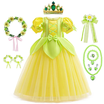 Tiana Fancy Prinzessin Kleid für Mädchen Geburtstag Party Kostüm Kinder Rollenspiel Ballkleid Kinder Karneval Performance Kleidung.