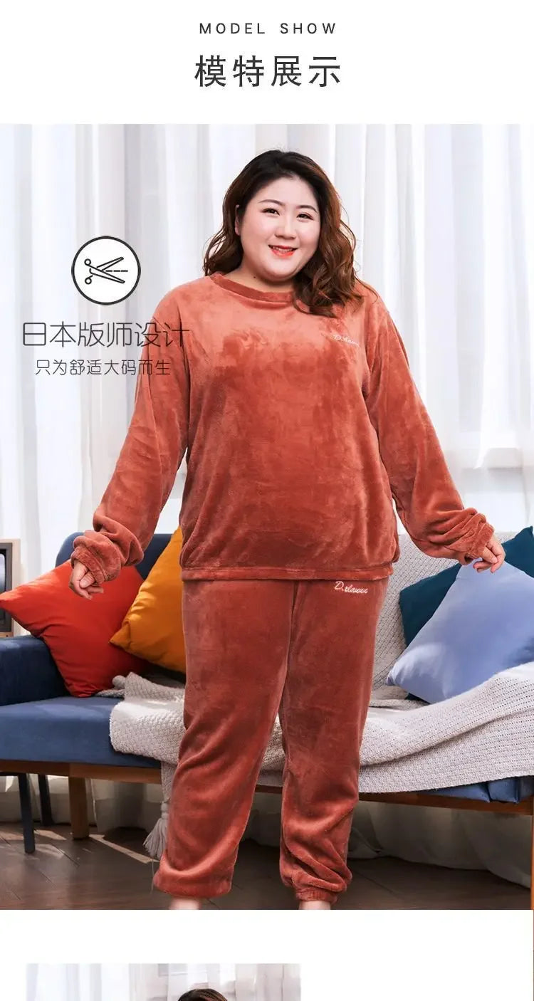 Winter Pajamas Coral Fleece Warm Pajamas Set Thick Long Sleeve Large Size 85kg Outside Pajamas Elastic Waist Trousers Pajama Set.