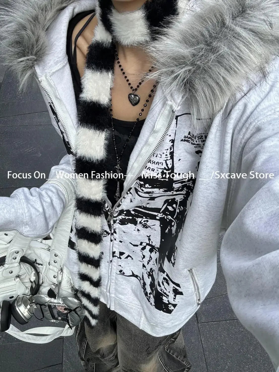 Korean Fashion Sweatshirts Harajuku Gothic Printed Coats Jackets Subculture Vintage Faux Fur Hooded Women Casual Y2k Clothing.