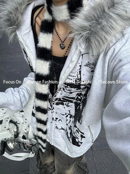 Korean Fashion Sweatshirts Harajuku Gothic Printed Coats Jackets Subculture Vintage Faux Fur Hooded Women Casual Y2k Clothing.
