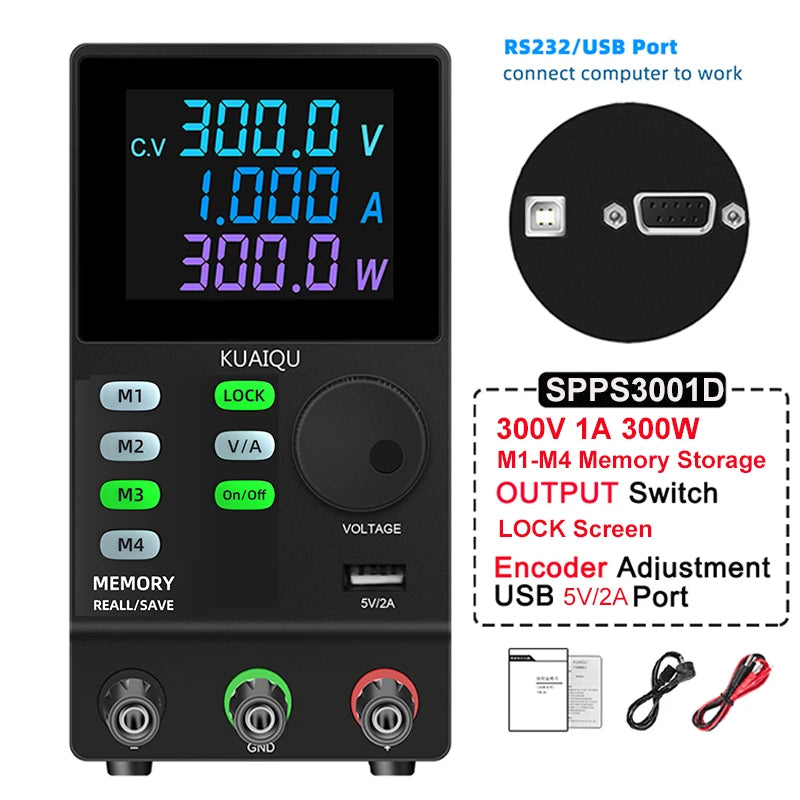 KUAIQU 200V 300V 1A DC Power Supply, 30V Programmable Adjustable Regulated Lab Bench Power Supply with PC Software,Output Switch