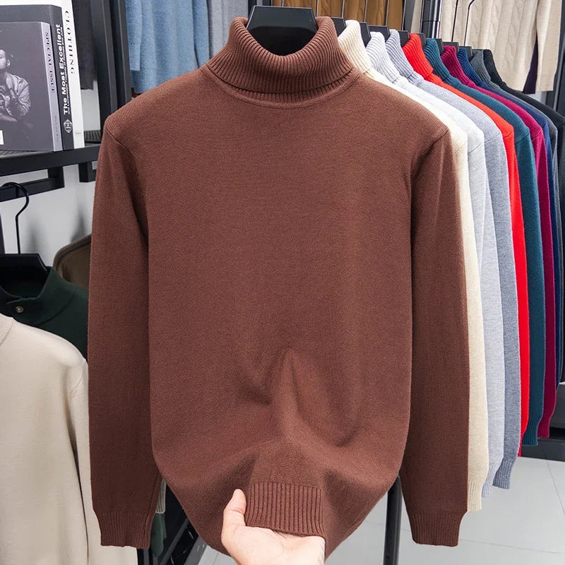 Autumn Mens High Quality Knitted Turtleneck Sweater Slim Fit Long Sleeve Anti-pilling Pullover Solid Color Trend Men Streetwea.
