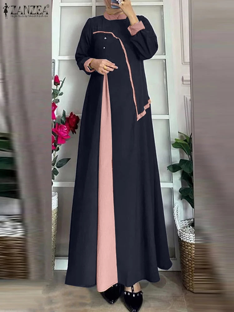 ZANZEA Women Autumn Patchwork Long Sleeve Maxi Dresses Muslim Turkey Abaya Dress Hijab Sundress Robe Femme Loose Vestidos Kaftan.
