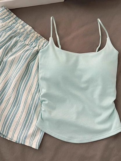 Einfarbiger Pyjama mit Brustpolstern, gestreifte Shorts für Damen, Sommer, dünne Leibchen-Shorts, Loungewear, großer Pyjama, zweiteiliges Set.