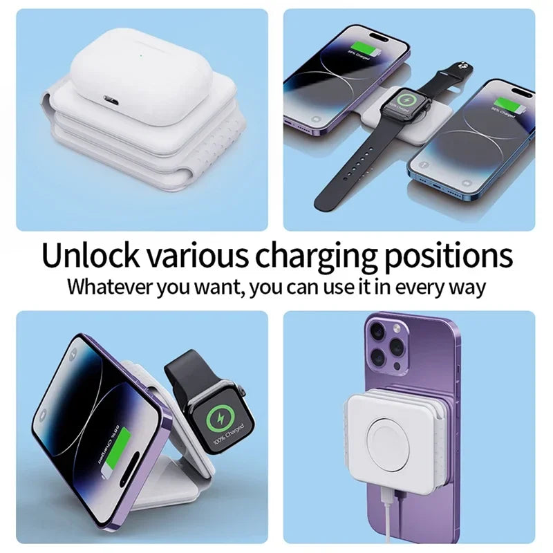 Foldable 3-in-1 Wireless Charger Dock For iPhone 16 15 14 13 12 Pro Max Apple Watch 10/9/8/7/6/5 AirPods Pro Fast Charging Pad.