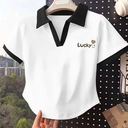 White Short Sleeve Popl Shirt Women's Summer T-shirt 2025 New Style Korean Version Small Size Shoulder Collar Top Cotton Materia