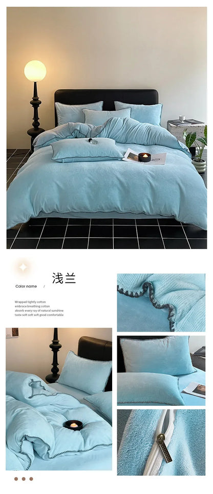 2024 new matte thin strip shell edge winter bed four-piece set milk fleece coral fleece thickened warm bed sheet quilt cover